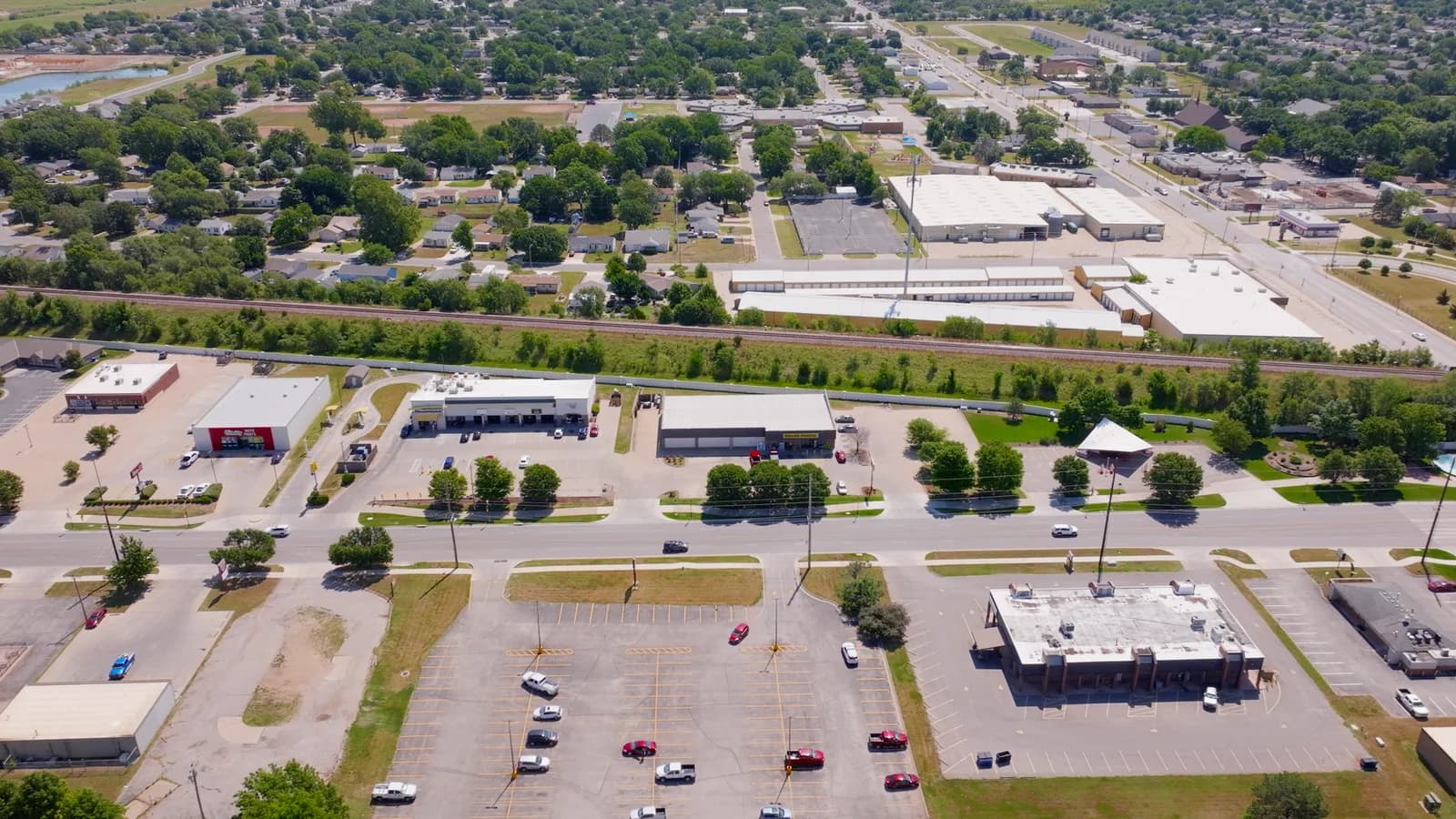 Aerial view of shops and businesses along a Haysville corridor