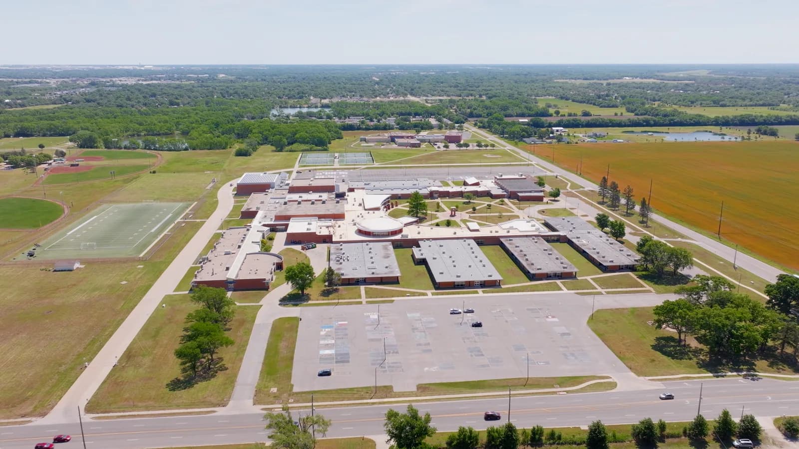 Aerial view of a large school campus serving Haysville