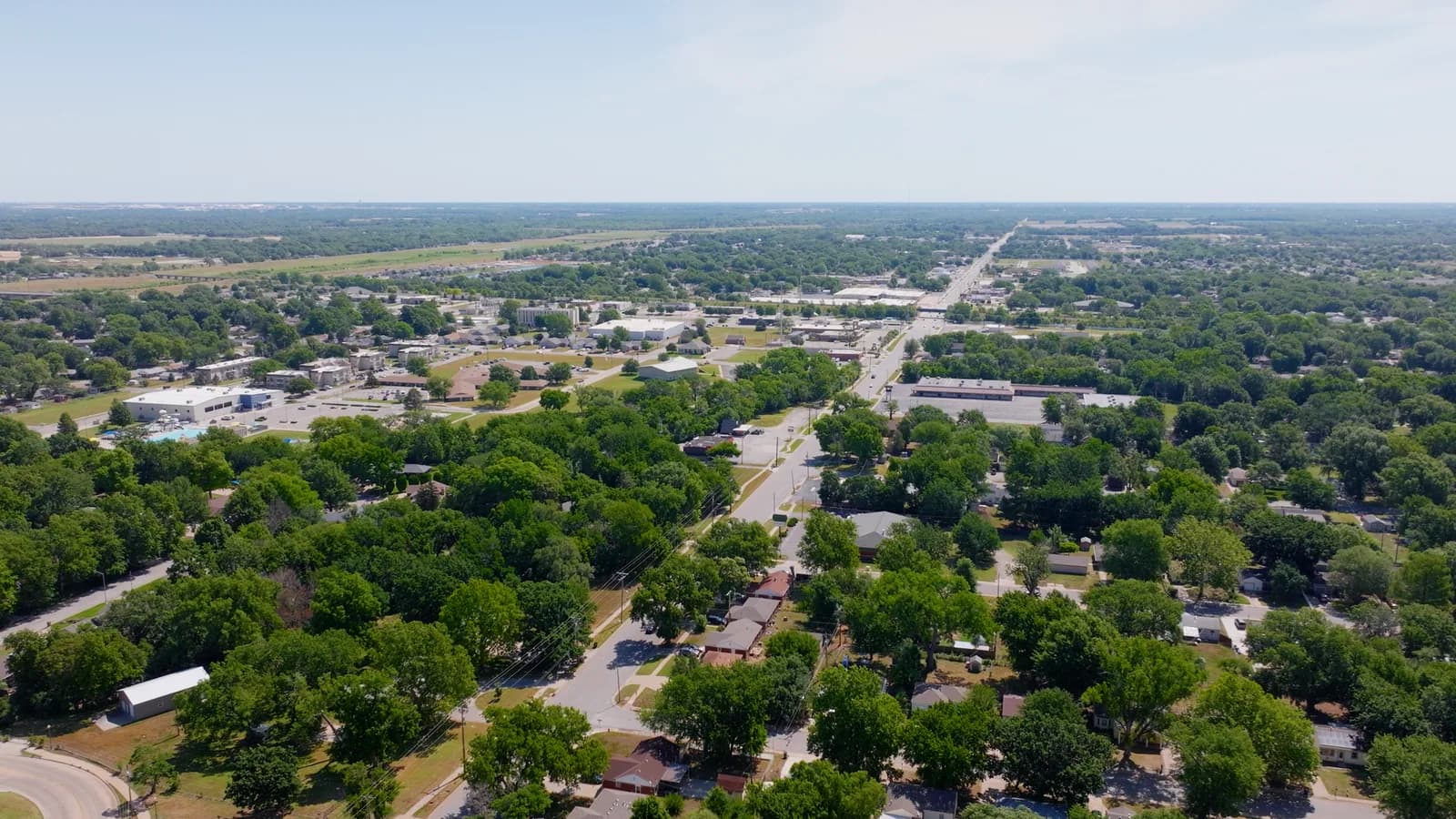 Aerial view of tree-covered streets in Haysville's older core
