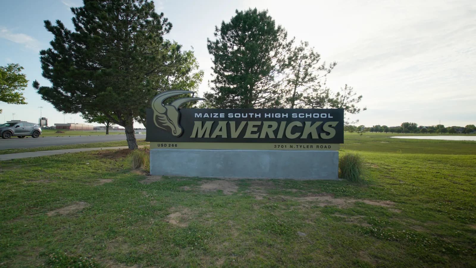 Maize South High School Mavericks sign on a green lawn